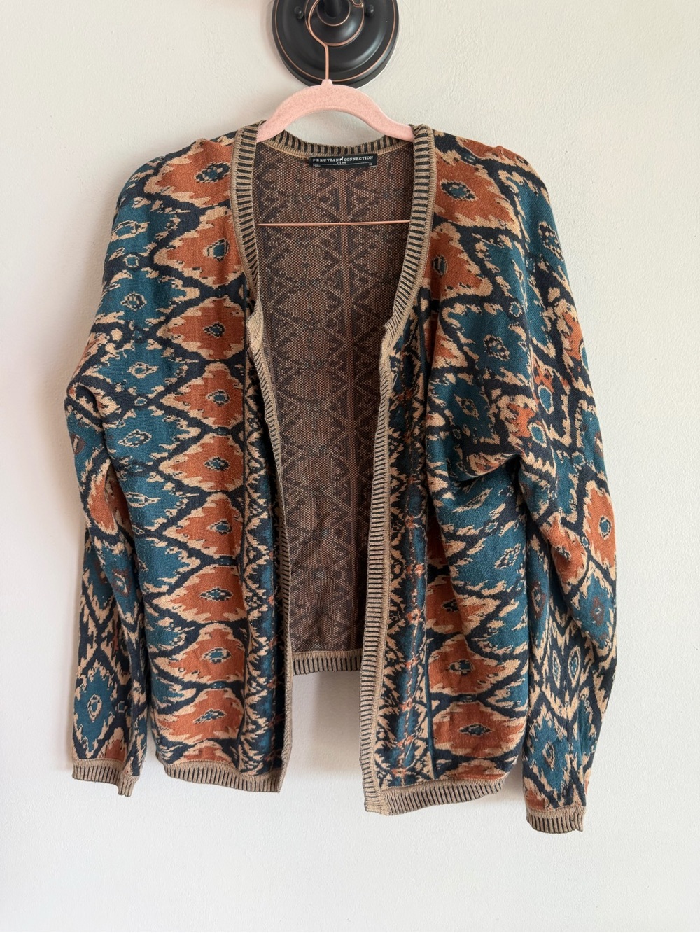 Peruvian Connection Pima Cotton Ikat Cardigan Sweater Teal Orange XL